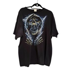 Vintage Y2K Skull Grim Reaper Headphones Delta Pro Weight Graphic Tee Black XL